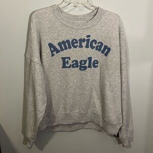 AMERICAN EAGLE Heather Gray & Blue Oversized Crewneck Sweatshirt